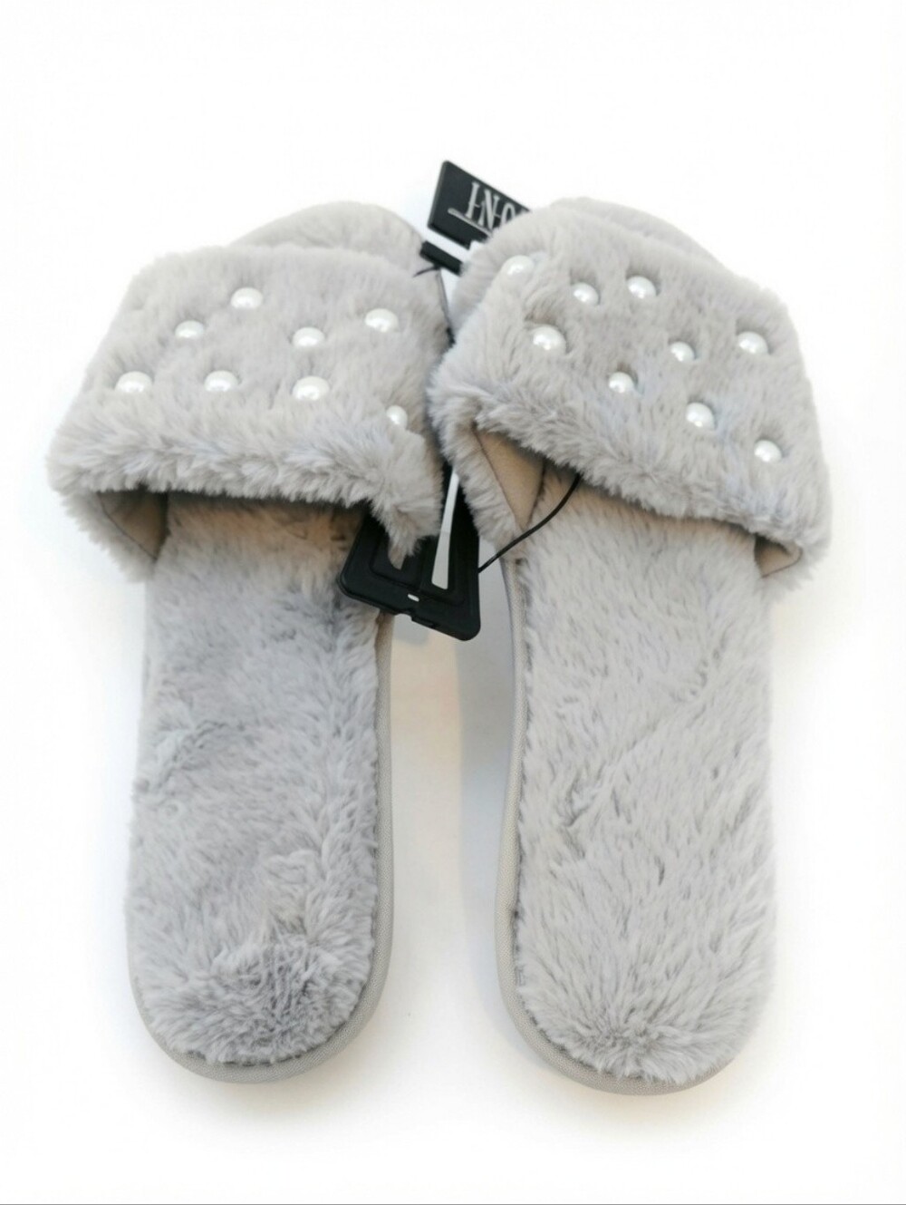 INC Women's Fuzzy Pearl Accent Slipper Slides, Gray, Size XL 11/12